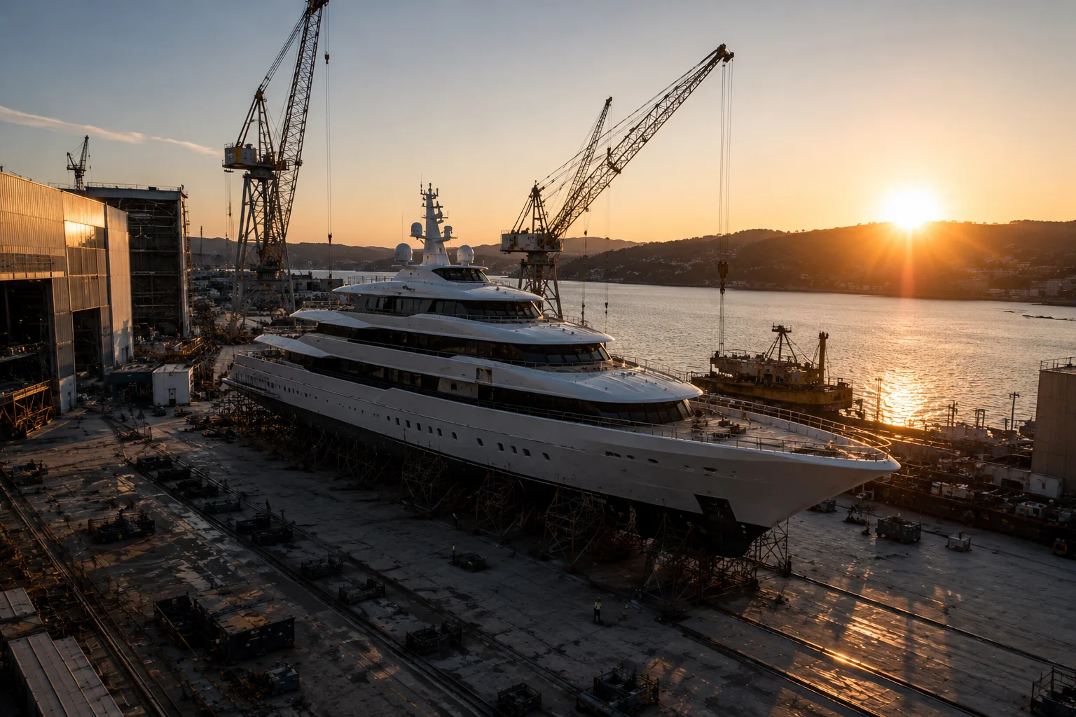 Superyacht new build under construction in a shipyard dry dock at sunset